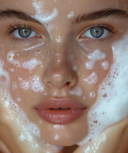 Attractive model with crisp combed hair, washes face with cleansing foam.