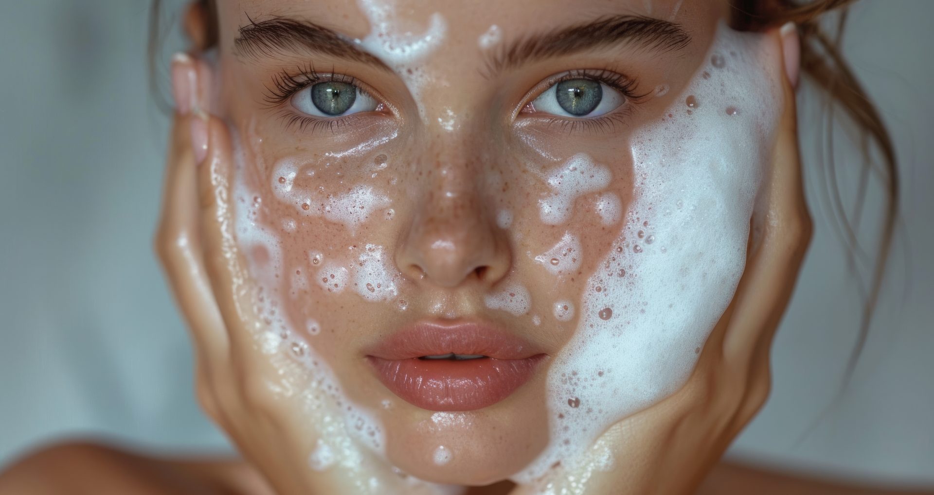 Attractive model with crisp combed hair, washes face with cleansing foam.