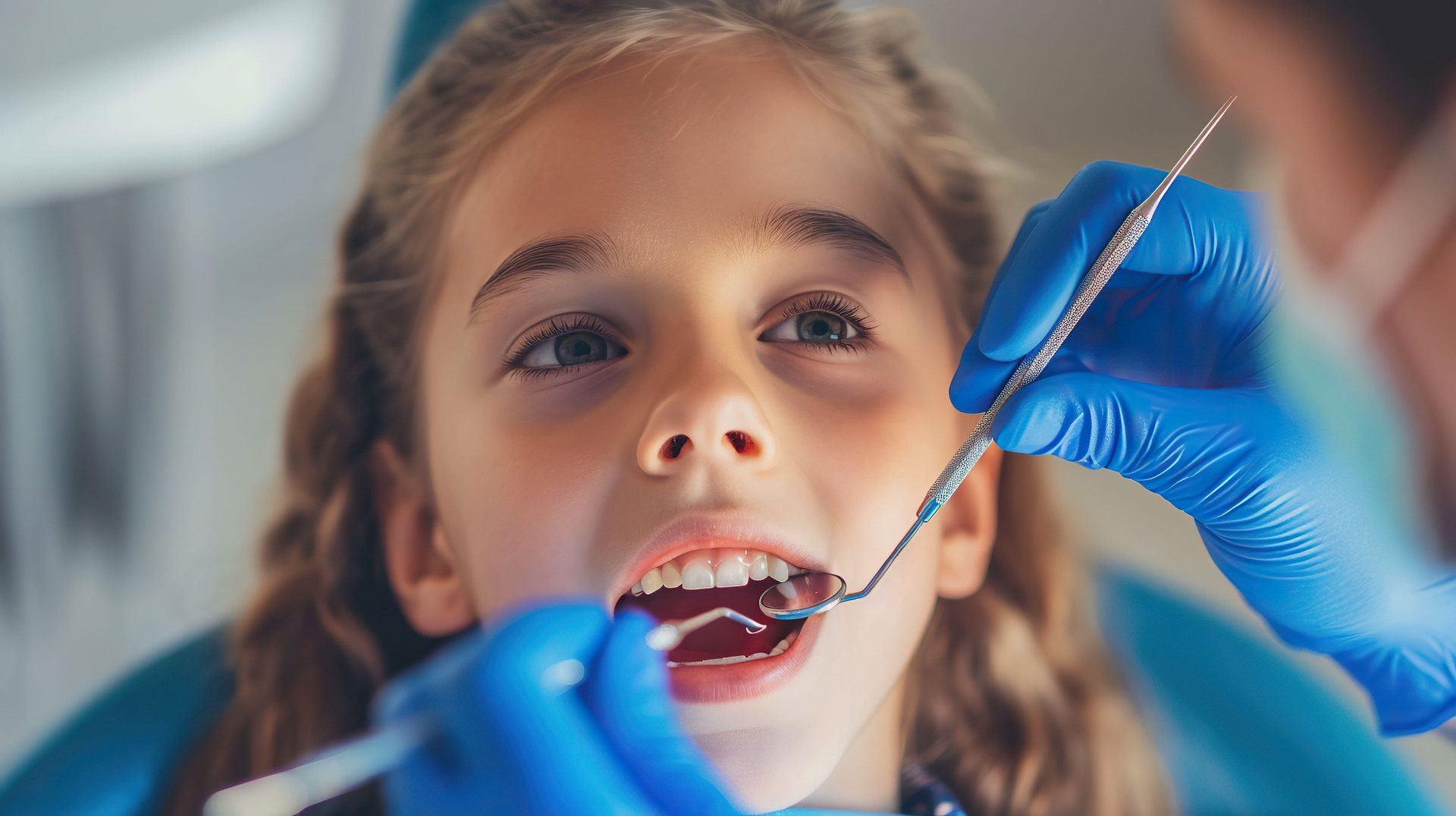 Little girl with open mouth in dentist's office. Dentistry concept.