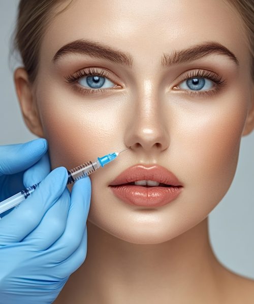 Cosmetologist performing a botox injection into the lips of a woman in a beauty salon, highlighting the plastic surgery concept and the art of cosmetic enhancement
