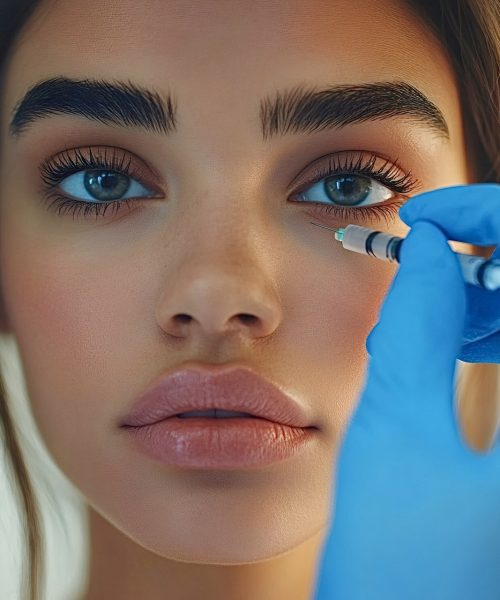 Doctor wearing blue medical gloves injecting hyaluronic acid filler near eye of young woman for facial rejuvenation treatment in beauty clinic