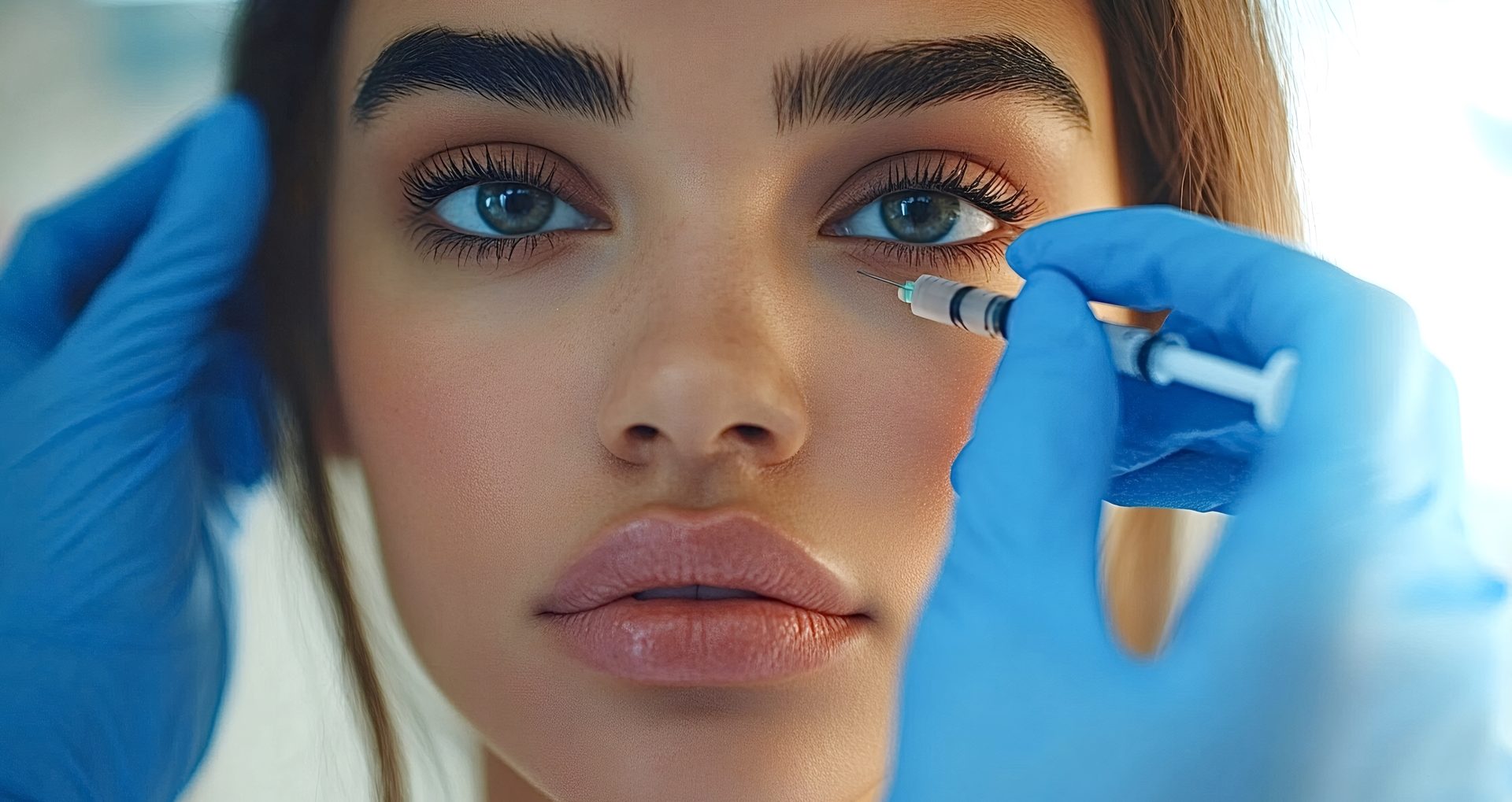 Doctor wearing blue medical gloves injecting hyaluronic acid filler near eye of young woman for facial rejuvenation treatment in beauty clinic