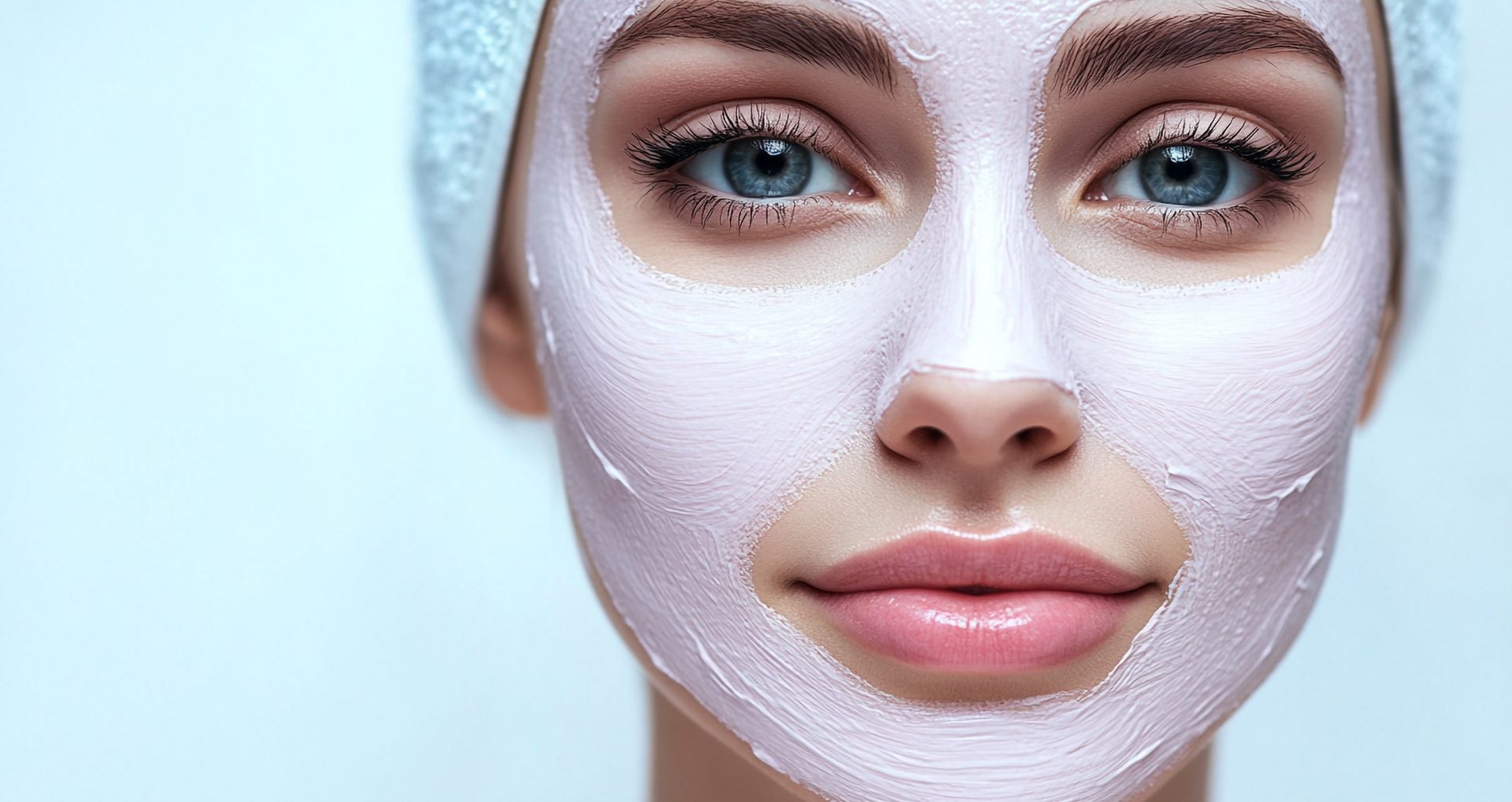 Woman with a pink face mask and a towel wrapped around her head, demonstrating a beauty treatment for skincare and radiant complexion.